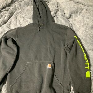 Carhartt Charcoal Hoodie with Bright Green Sleeve Logo